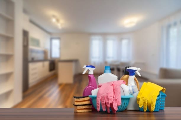 Living room with house cleaning supplies.