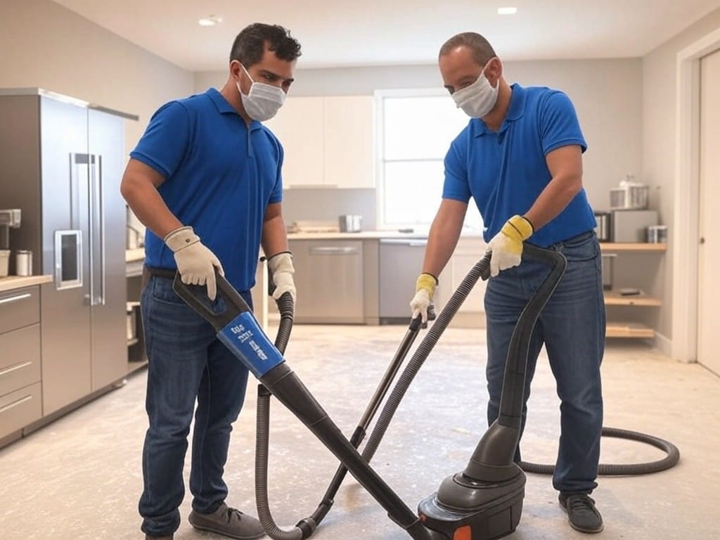 Two cleaners performing post-construction cleaning