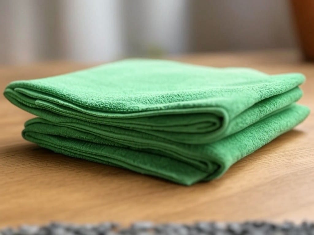 Microfiber cleaning cloth folded into quarters.