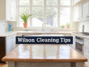 Clean kitchen with "Wilson Cleaning Tips" over it